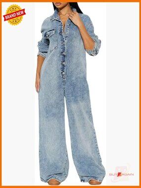 Wide Leg Denim Jumpsuit Long Sleeve Lapel One Piece